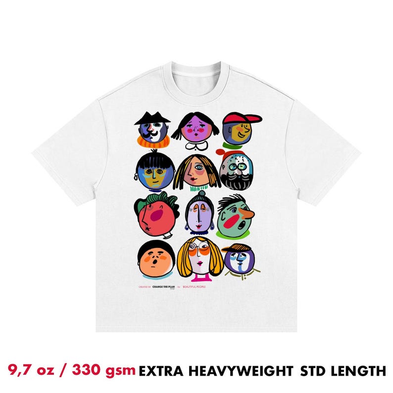 May include: A white short-sleeve t-shirt featuring a graphic print of twelve stylized, colorful cartoon faces arranged in a grid. The text "CHANGE THE PLAN" and "BEAUTIFUL PEOPLE" is printed in small red letters at the bottom. The fabric is 9.7 oz.