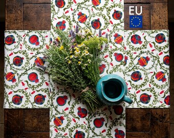 Pomegranate Table Runner, Cloth Napkins, Placemats Set, Red Green Botanical Cotton Dining Decor, Chintz Table Linen, NWC D06, EU