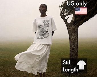 Botanical Monochrome Graphic Tee, Oversized Heavyweight Streetwear Shirt, Vintage Folk Art Engraving Print, NWC D01, Long, US ONLY