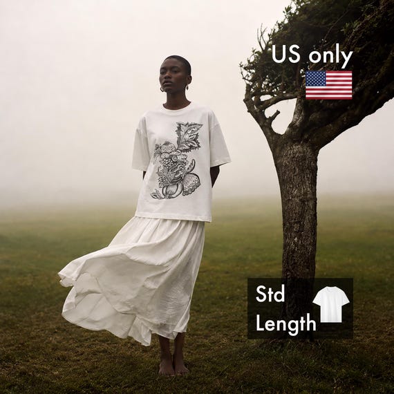 Botanical Monochrome Graphic Tee, Oversized Heavyweight Streetwear Shirt, Vintage Folk Art Engraving Print, NWC D01, Long, US ONLY