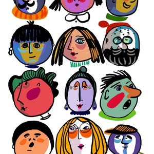 May include: A digital illustration featuring twelve stylized, colorful faces with diverse expressions and features, arranged in a grid. The bottom text reads: CREATED BY CHANGE THE PLAN for BEAUTIFUL PEOPLE. The faces use bold lines and vibrant colors.