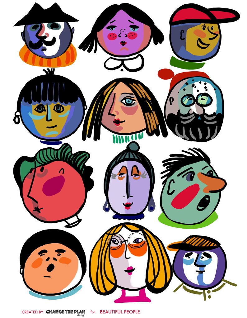 May include: A digital illustration featuring twelve stylized, colorful faces with diverse expressions and features, arranged in a grid. The bottom text reads: CREATED BY CHANGE THE PLAN for BEAUTIFUL PEOPLE. The faces use bold lines and vibrant colors.