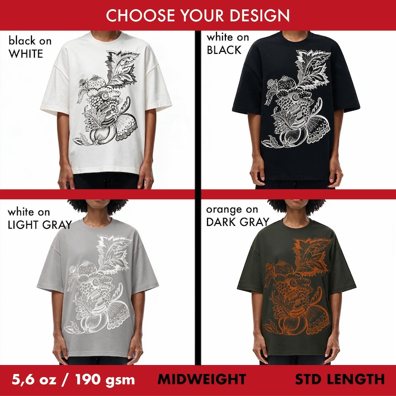 Pu&ograve; includere: Quattro magliette a maniche corte con una grafica botanica. Le opzioni includono nero su bianco, bianco su nero, bianco su grigio chiaro e arancione su grigio scuro. Il testo recita CHOOSE YOUR DESIGN, 5,6 oz / 190 gsm, MIDWEIGHT, STD LENGTH.