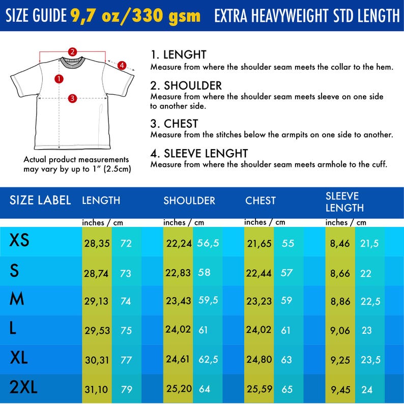 May include: A size guide chart for a t-shirt featuring a line drawing with numbered measurement points for length, shoulder, chest, and sleeve length. The table lists dimensions in inches and centimeters for sizes XS through 2XL, noting 9.7 oz/330 gsm.