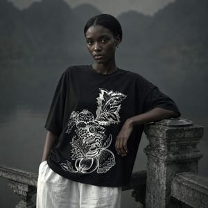 Pu&ograve; includere: Una t-shirt nera a maniche corte con una dettagliata stampa grafica bianca di elementi botanici stilizzati, tra cui foglie, frutti e motivi floreali. La maglietta presenta un girocollo e una vestibilit&agrave; ampia, indossata con pantaloni bianchi.