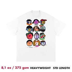 May include: A white short-sleeved t-shirt featuring a graphic print of twelve stylized, colorful cartoon faces arranged in a grid. The text "CHANGE THE PLAN" and "BEAUTIFUL PEOPLE" is printed below the faces. The fabric is 8.1 oz heavyweight cotton.