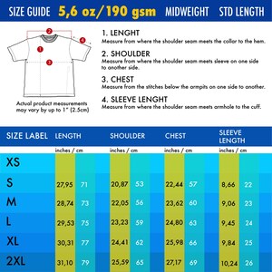 May include: A size guide chart for a t-shirt featuring a line drawing with numbered measurement points. It lists dimensions in inches and centimeters for sizes S through 2XL, including length, shoulder, chest, and sleeve length specifications.