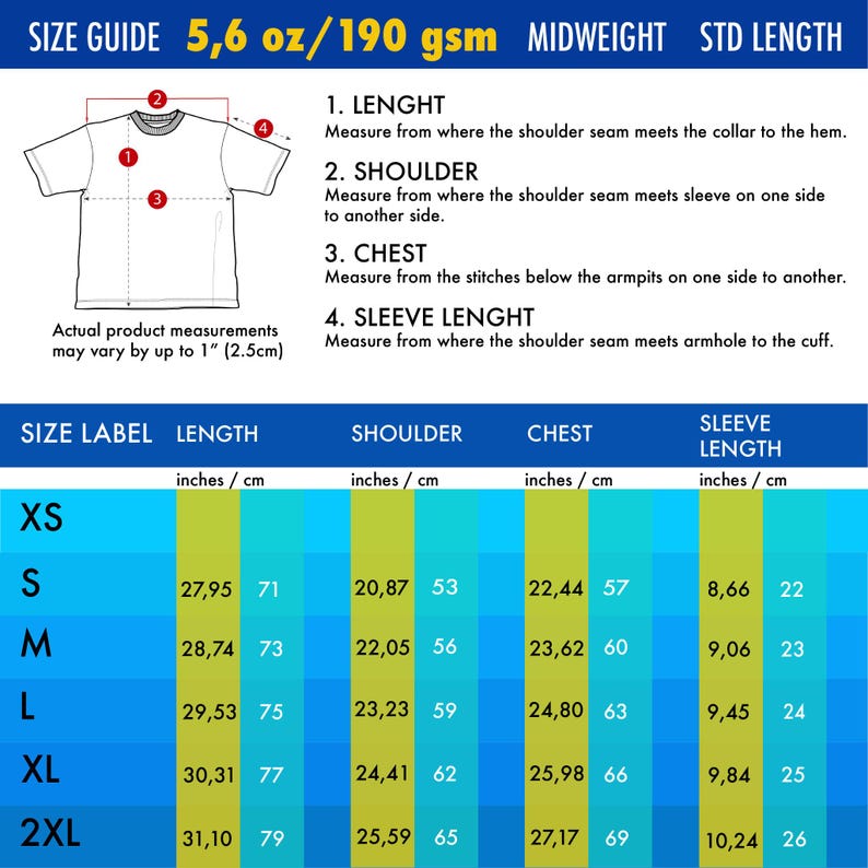 May include: A size guide chart for a t-shirt featuring a line drawing with numbered measurement points. It lists dimensions in inches and centimeters for sizes S through 2XL, including length, shoulder, chest, and sleeve length specifications.