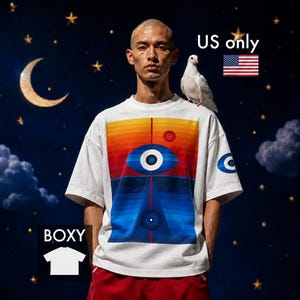 May include: A white boxy t-shirt featuring a large graphic print of a stylized blue eye centered above a geometric landscape of orange, yellow, and blue horizontal stripes. A smaller blue eye graphic is printed on the left sleeve. Text reads US only.