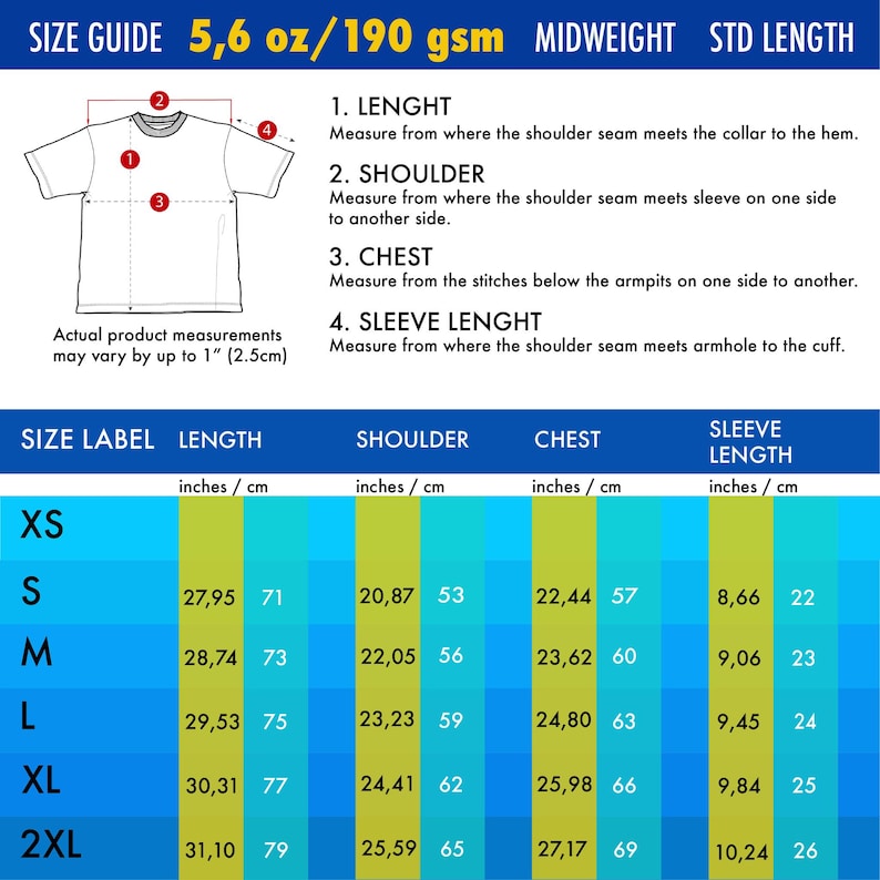 Pu&ograve; includere: Una tabella guida alle taglie per t-shirt con un disegno al tratto e punti di misurazione numerati. Elenca le dimensioni in pollici e centimetri per le taglie dalla S alla 2XL, inclusi lunghezza, spalla, torace e lunghezza manica.