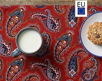 Red Paisley Table Runner, Cotton Twill Table Linen, Cloth Napkins, Woven Placemats, Chintz Dining Decor,  Colorful Folk Art, NWC D05, EU