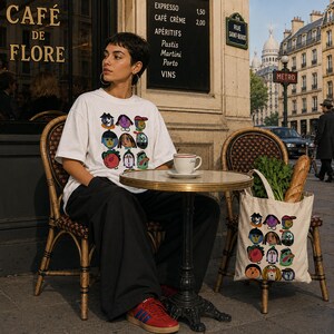 May include: A white short-sleeved t-shirt and a matching canvas tote bag, both featuring a colorful graphic print of nine stylized cartoon faces. The t-shirt has a crew neckline and a loose fit, while the tote bag contains green leafy vegetables.