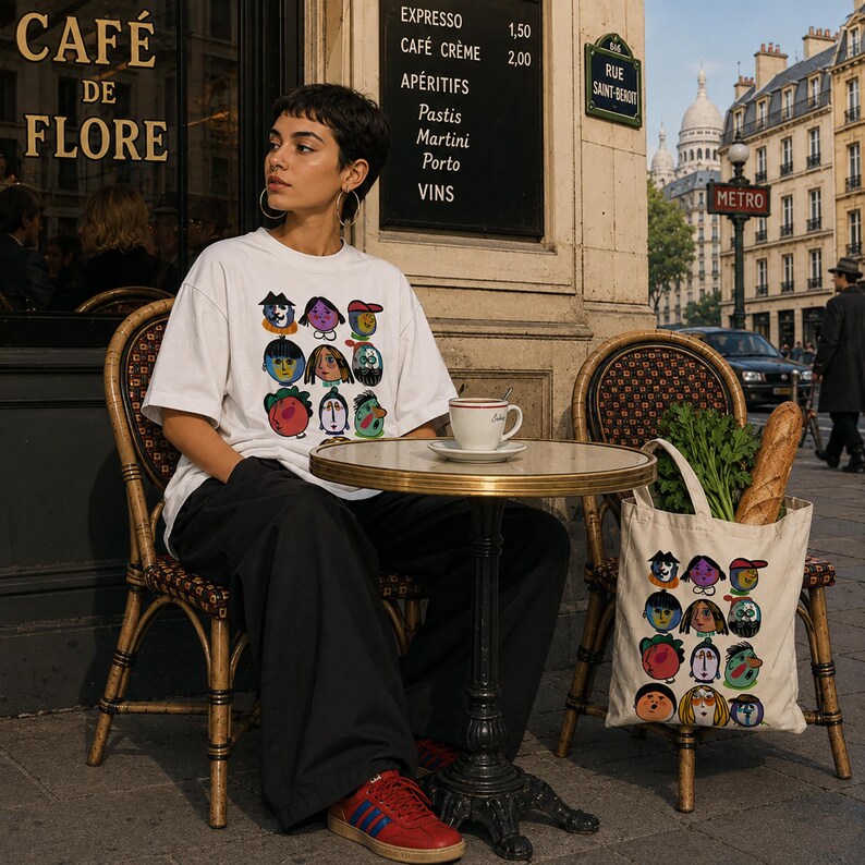 May include: A white short-sleeved t-shirt and a matching canvas tote bag, both featuring a colorful graphic print of nine stylized cartoon faces. The t-shirt has a crew neckline and a loose fit, while the tote bag contains green leafy vegetables.