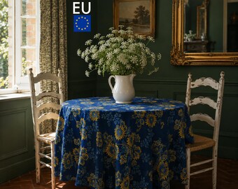 Sunflower Chintz Tablecloth, Navy Floral Cotton Table Linen, Vintage Farmhouse Grandmillennial Decor, Washable Rectangle Cover, NWC D03, EU