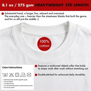May include: A plain white t-shirt featuring a reinforced ribbed collar and double-stitched seams. The fabric is 8.1 oz, 100% cotton, and 275 gsm. The garment is described as heavyweight with a standard length, relaxed, and oversized fit.