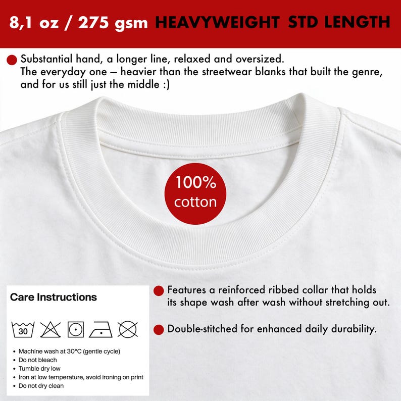 May include: A plain white t-shirt featuring a reinforced ribbed collar and double-stitched seams. The fabric is 8.1 oz, 100% cotton, and 275 gsm. The garment is described as heavyweight with a standard length, relaxed, and oversized fit.