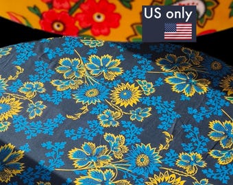 Sunflower Chintz Tablecloth, Blue Square Farmhouse Table Linen, Vintage Floral Grandmillennial, Washable Cotton Sateen Cover, NWC D03, US+CA