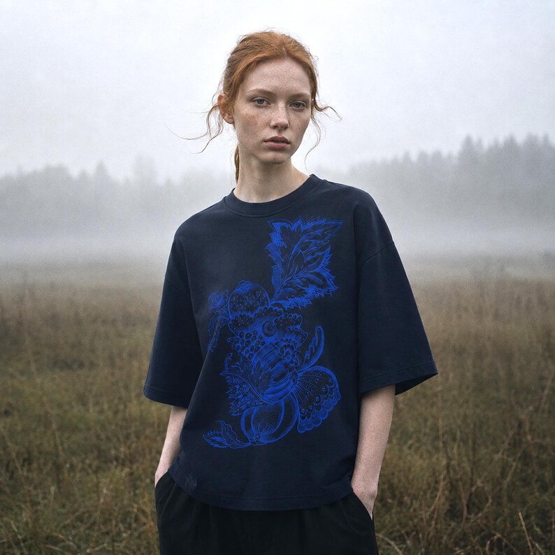 Pu&ograve; includere: Una t-shirt a maniche corte blu navy scuro con una stampa grafica prominente e intricata in un vibrante blu elettrico. Il design raffigura un insieme di elementi botanici, tra cui foglie e frutti, centrato sulla parte anteriore del capo.