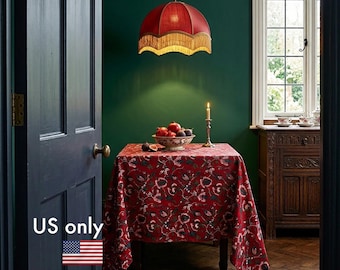 Red Floral Tablecloth, Square Burgundy Chintz Table Linen, Traditional Folk Art Grandmillennial, Cotton Sateen Cover, NWC D04, US+CA