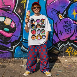 May include: A white short-sleeve t-shirt featuring a grid of twelve colorful cartoon faces and a red cap. The shirt is paired with loose-fitting blue trousers covered in large red polka dots and yellow canvas sneakers with white rubber soles.