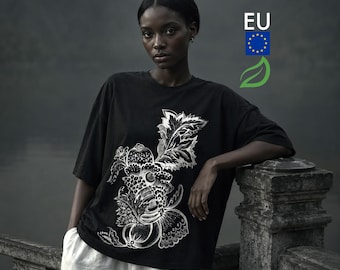 Organic Cotton Shirt, Linocut Botanical Print on Boxy Graphic Tee, Folk Art Floral T-Shirt, Breathable to Heavyweight, NWC D01, EU