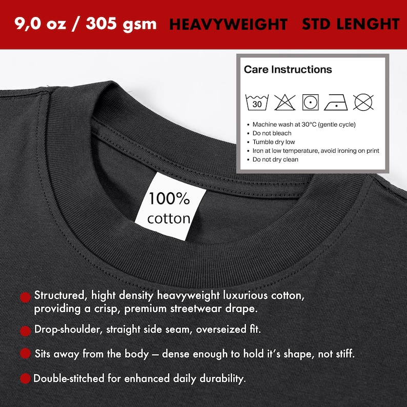 Pu&ograve; includere: Una t-shirt grigio antracite pesante con scollo rotondo a coste e un'etichetta interna bianca con la scritta 100% cotton. Il capo &egrave; da 305 g/m&sup2; e include un riquadro con istruzioni per la cura e simboli per il lavaggio a 30&deg;C.
