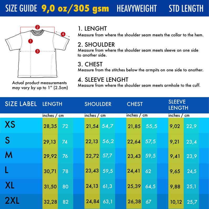 Pu&ograve; includere: Una tabella guida alle taglie per una t-shirt con un peso di 9,0 oz/305 gsm. Il grafico include un disegno al tratto di una t-shirt con punti di misurazione numerati, istruzioni per misurare lunghezza, spalla, torace e manica, e una tabella.