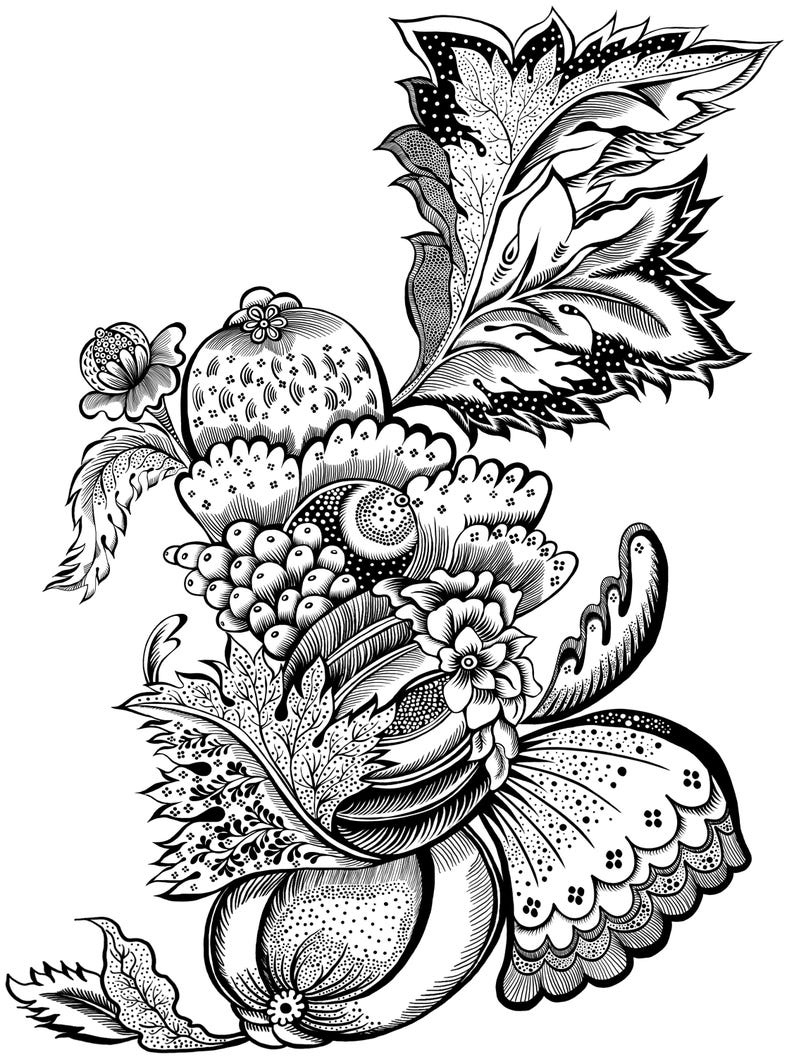 Pu&ograve; includere: Un'illustrazione grafica in bianco e nero che presenta una densa disposizione di elementi botanici stilizzati, tra cui grandi foglie seghettate, forme arrotondate simili a frutti e complessi motivi floreali con texture punteggiate e tratteggiate.