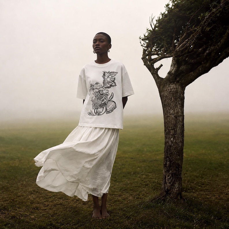 Pu&ograve; includere: Una t-shirt bianca a maniche corte con una dettagliata illustrazione botanica in stile inchiostro nero sul davanti, abbinata a una gonna bianca lunga e fluida. La t-shirt presenta uno scollo rotondo e una vestibilit&agrave; rilassata con gonna arricciata.
