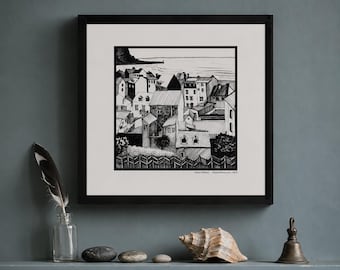 Normandie Poster, Marine Village, Line Art Print, Pen and Ink, Archival Giclee Print, Black and White Drawing, Framed or Unframed, AFT D01