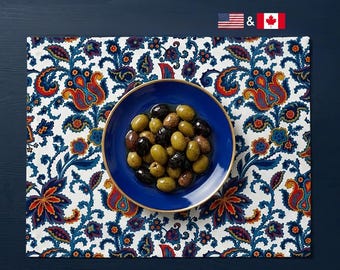Floral Placemats Set of 4, Colorful Jacobean Paisley Table Mats, Cottagecore Grandmillennial, NWC D02, US+CA