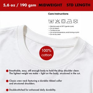 Pu&ograve; includere: Una t-shirt bianca con classico girocollo, colletto a coste resistente e spalle strutturate. Il capo &egrave; realizzato in 100% cotone, pesa 190 g/m&sup2; e include istruzioni per il lavaggio in lavatrice a 30&deg;C, l'asciugatura e la stiratura.