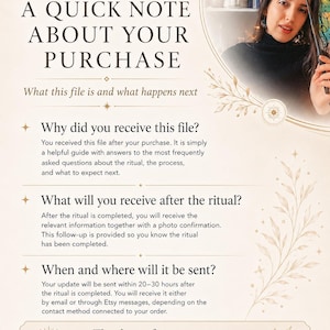 May include: A digital information sheet titled A QUICK NOTE ABOUT YOUR PURCHASE with gold decorative accents. It explains post-purchase procedures, ritual follow-up details, and communication timelines, including a note to check email and Etsy messages.