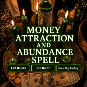 May include: Several dark green pillar candles with lit flames arranged on a circular tray with gold coins and one hundred dollar bills. The text reads MONEY ATTRACTION AND ABUNDANCE SPELL, Fast Results, Free Recast, and Same Day Casting.