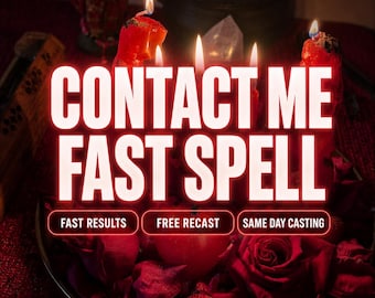 May include: A dark bowl filled with red rose petals and a red apple, surrounded by four lit red candles. The text reads: CONTACT ME FAST SPELL, FAST RESULTS, FREE RECAST, SAME DAY CASTING. A small figurine and a black pot are visible in the background.