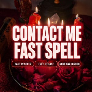 Peut inclure: Un bol sombre rempli de pétales de roses rouges et d'une pomme rouge, entouré de bougies rouges allumées. Le texte indique : CONTACT ME FAST SPELL, FAST RESULTS, FREE RECAST, SAME DAY CASTING. Une figurine et un pot sombre sont en arrière-plan.