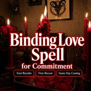 Pode incluir: Uma coleção de velas vermelhas cônicas e uma vela vermelha central espessa com uma superfície de cera derretida texturizada. O texto "Binding Love Spell for Commitment" é exibido em branco, com "Fast Results," "Free Recast," e "Same Day Casting".