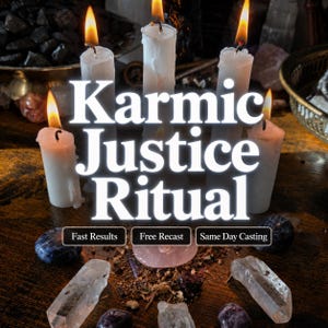 Könnte beinhalten: Vier weiße Stumpenkerzen mit brennenden Dochten, die in einem Halbkreis angeordnet sind. Der Text "Karmic Justice Ritual" ist mittig in weißer Schrift platziert. Darunter befinden sich drei kleine rechteckige Kästchen mit "Fast Results", "Free Recast" und "Same Day Casting".