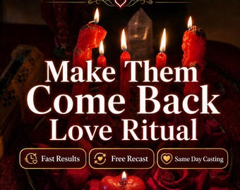 Puede incluir: Cinco velas de pilar rojas con llamas encendidas dispuestas en círculo, rodeadas de pétalos de rosa rojos y una vela en forma de corazón. El texto dice: Make Them Come Back Love Ritual, Fast Results, Free Recast y Same Day Casting.
