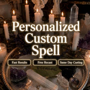 May include: A silver tray holds several white pillar candles, various raw crystals including amethyst and clear quartz, and a green leaf with the word cleanse written on it. Text overlays read Personalized Custom Spell, Fast Results, Free Recast, and Same Day Casting.