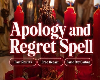 May include: Four red pillar candles and one dark brown textured candle are lit, surrounded by red rose petals and cinnamon sticks. The text reads: Apology and Regret Spell, Fast Results, Free Recast, Same Day Casting.