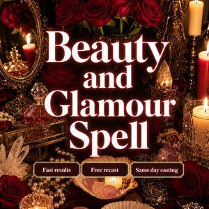 May include: A display featuring deep red roses, lit candles, a gold-framed mirror, a small statue, crystal clusters, and pink stones in shell dishes. Text reads: Beauty and Glamour Spell, Fast results, Free recast, Same day casting.