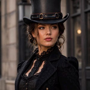 May include: A black top hat featuring a brown leather band with brass-colored metal rings and studs. The hat is worn with a black jacket that has a high lace-trimmed collar, a button-down front, and a subtle tonal floral pattern on the fabric.