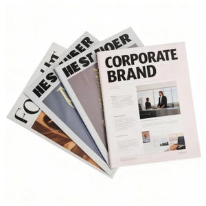 May include: A stack of four brochures fanned out, with the top brochure featuring the bold black text CORPORATE BRAND. The cover displays a photograph of two people in an office setting, along with columns of text and smaller inset images.