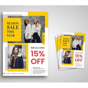 May include: A promotional flyer design featuring yellow and white blocks with black text reading SEASON SALE THIS YEAR and 15% OFF. The layout includes photographs of individuals in white shirts and a black jacket, with additional contact information.
