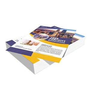 May include: A stack of rectangular business leaflets featuring a blue and yellow color scheme. The top leaflet displays a night cityscape, the text "YOUR PUBLICITY BUSINESS LEAFLETS," "ABOUT US COMPANY PROFILE," and "A WEBSITE OF HIGH-QUALITY GALLERY WORKS."