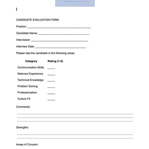 May include: A white candidate evaluation form featuring the Blue Ridge HR Co logo at the top. The document includes fields for position, candidate name, interviewer, and date, followed by a rating scale for skills, comments, strengths, and concerns.