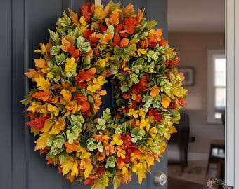 Corona colgante para puerta de otoño, follaje artificial multicolor realista, decoración de otoño y para la entrada principal en Acción de Gracias.