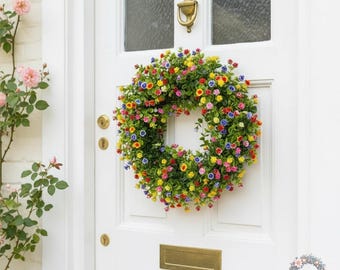 Spring Cottage Eucalyptus Wreath with Multicolor Blossoms, Artificial Front Door & Wall Hanging Decor