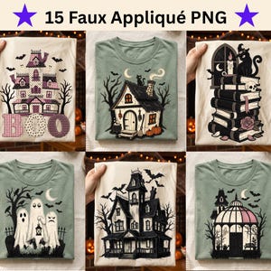 May include: A collection of six t-shirts featuring Halloween-themed graphic prints including a haunted house with the text BOO, a cottage with a black cat, a stack of books with a cat, three ghosts, a dark mansion, and a greenhouse with bats.